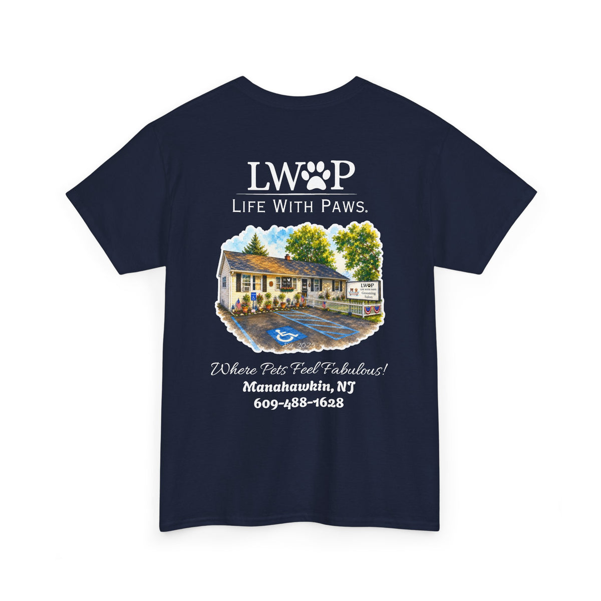 Life With Paws (LWOP) Pet Care T-Shirt — 'Life With Paws' Logo & Home Illustration