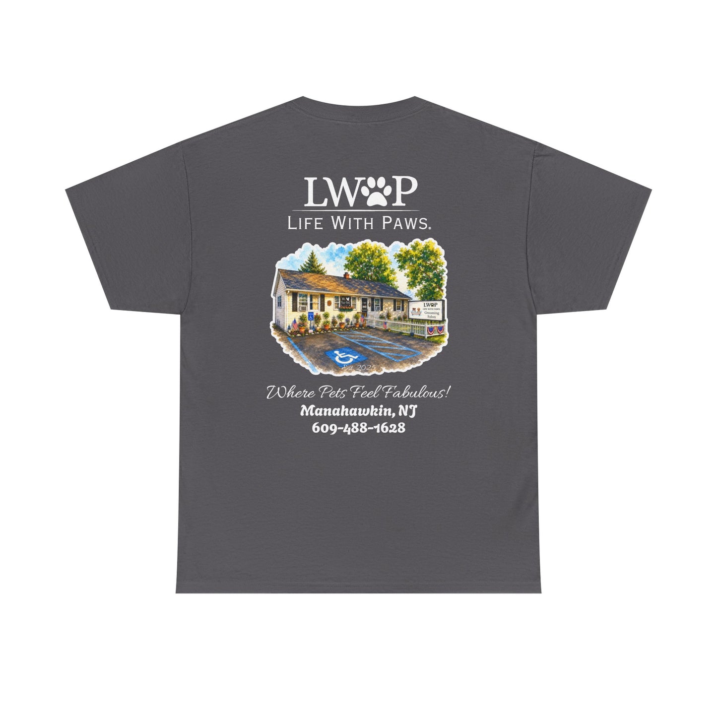 Life With Paws (LWOP) Pet Care T-Shirt — 'Life With Paws' Logo & Home Illustration