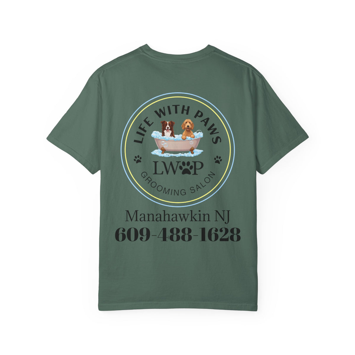 Life With Paws Grooming Salon T-Shirt — Logo Tee with Manahawkin NJ & Phone Number