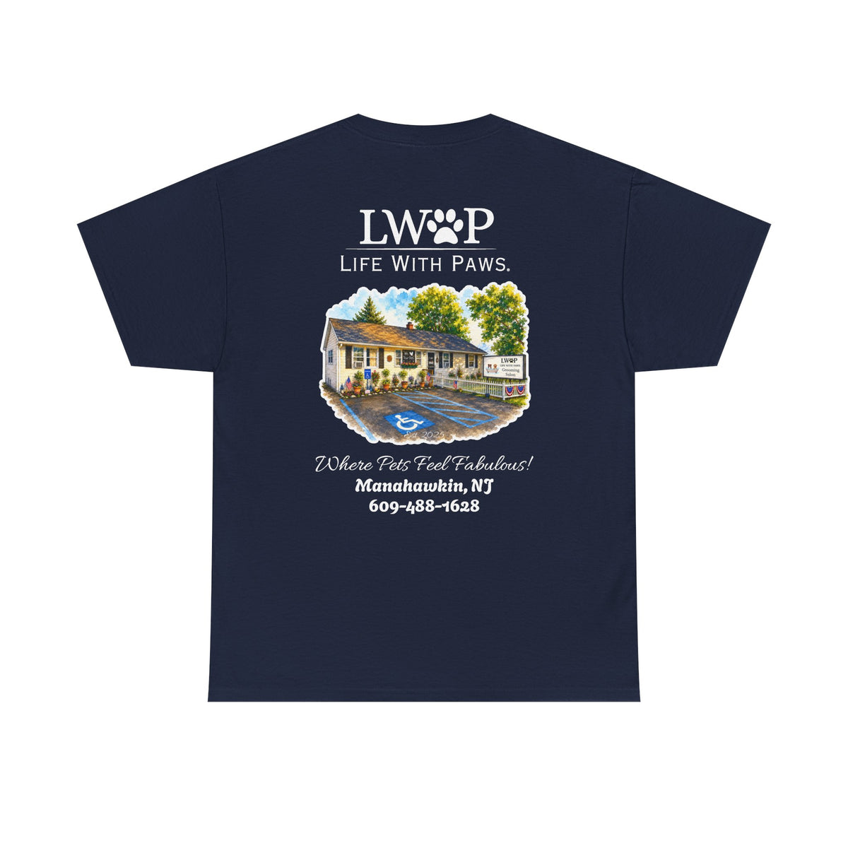 Life With Paws (LWOP) Pet Care T-Shirt — 'Life With Paws' Logo & Home Illustration