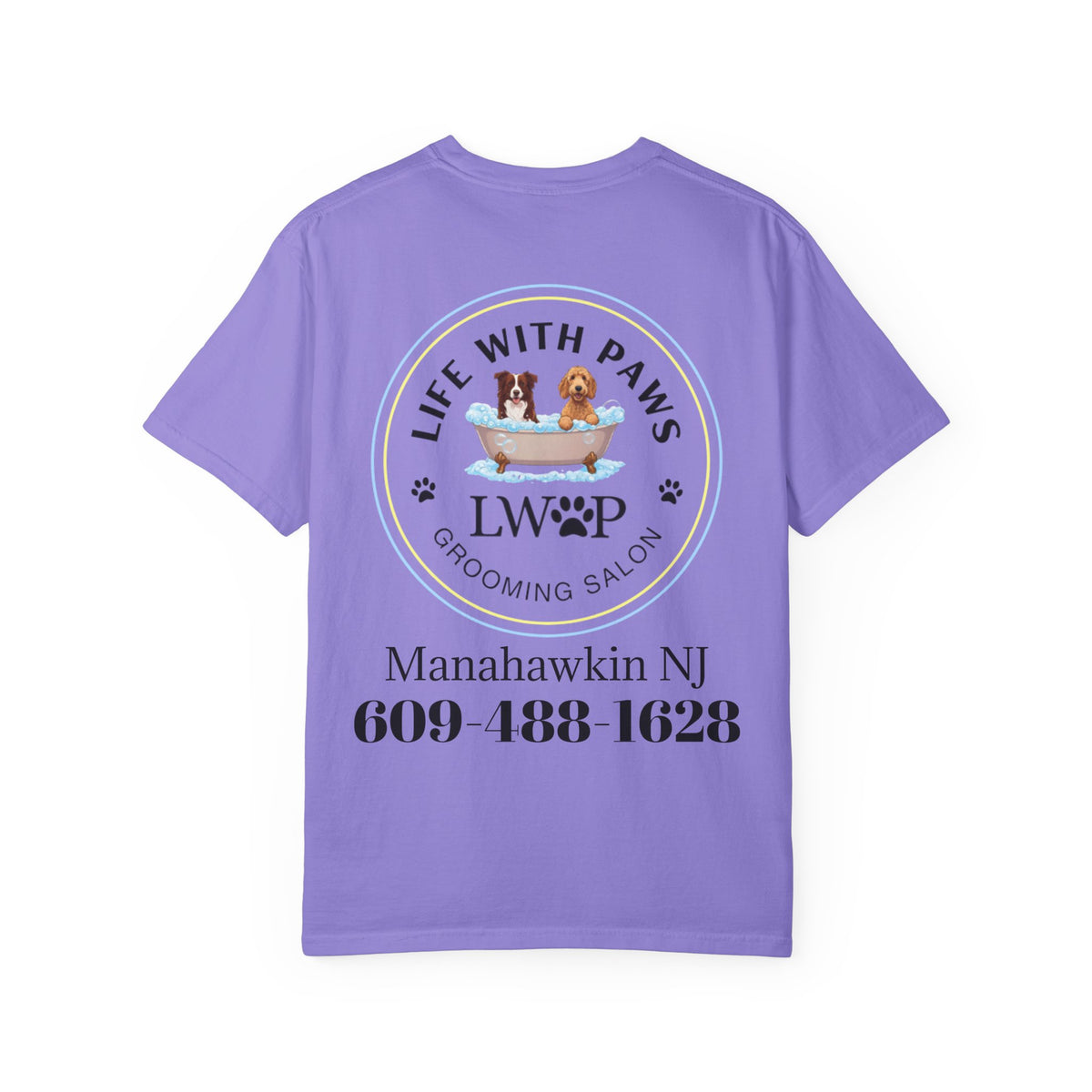 Life With Paws Grooming Salon T-Shirt — Logo Tee with Manahawkin NJ & Phone Number
