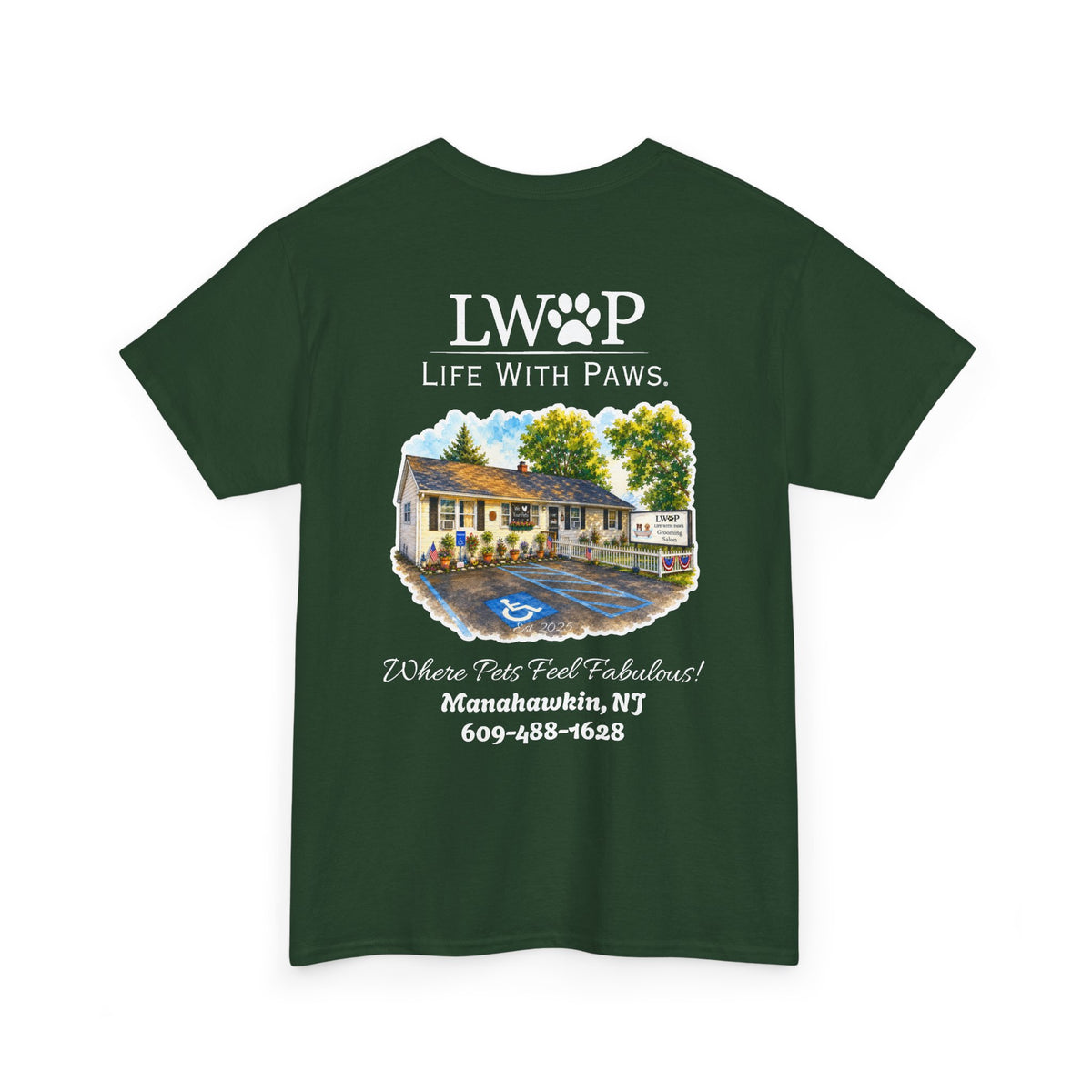 Life With Paws (LWOP) Pet Care T-Shirt — 'Life With Paws' Logo & Home Illustration