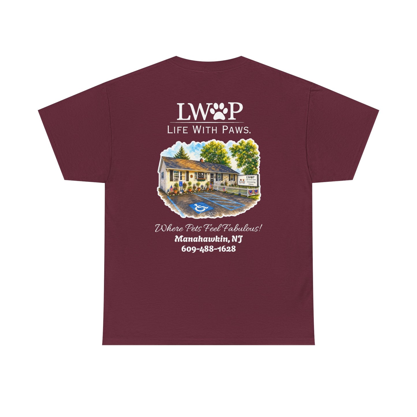 Life With Paws (LWOP) Pet Care T-Shirt — 'Life With Paws' Logo & Home Illustration