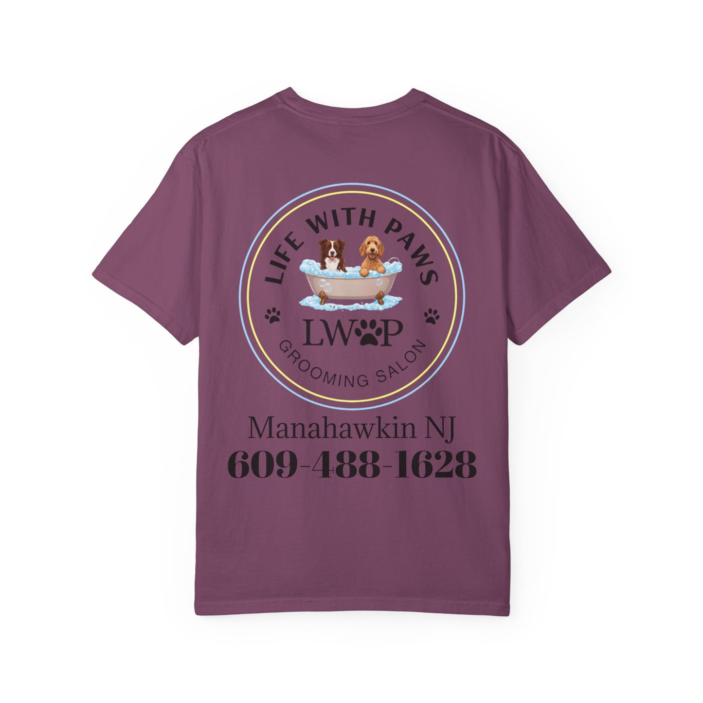Life With Paws Grooming Salon T-Shirt — Logo Tee with Manahawkin NJ & Phone Number
