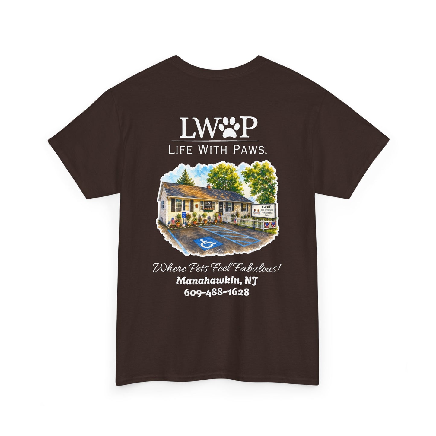 Life With Paws (LWOP) Pet Care T-Shirt — 'Life With Paws' Logo & Home Illustration