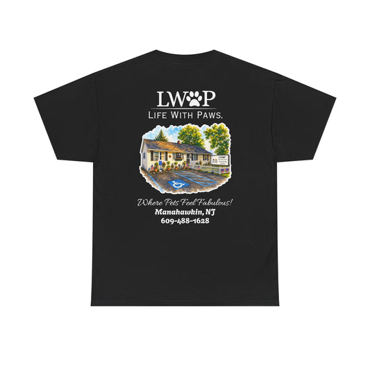 Life With Paws (LWOP) Pet Care T-Shirt — 'Life With Paws' Logo & Home Illustration