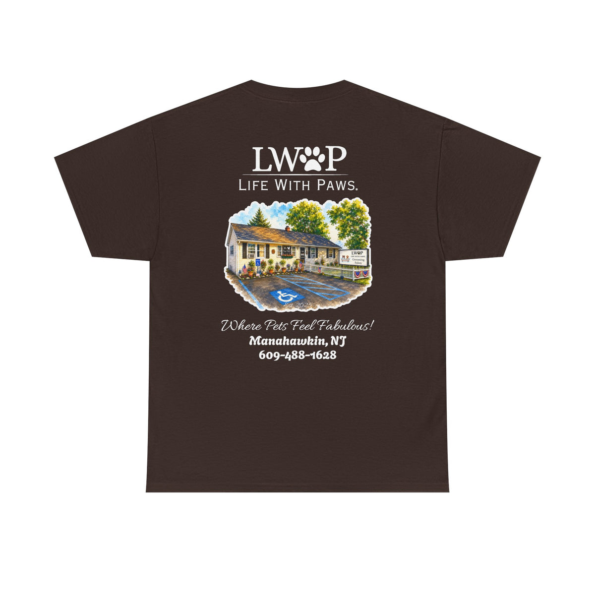Life With Paws (LWOP) Pet Care T-Shirt — 'Life With Paws' Logo & Home Illustration