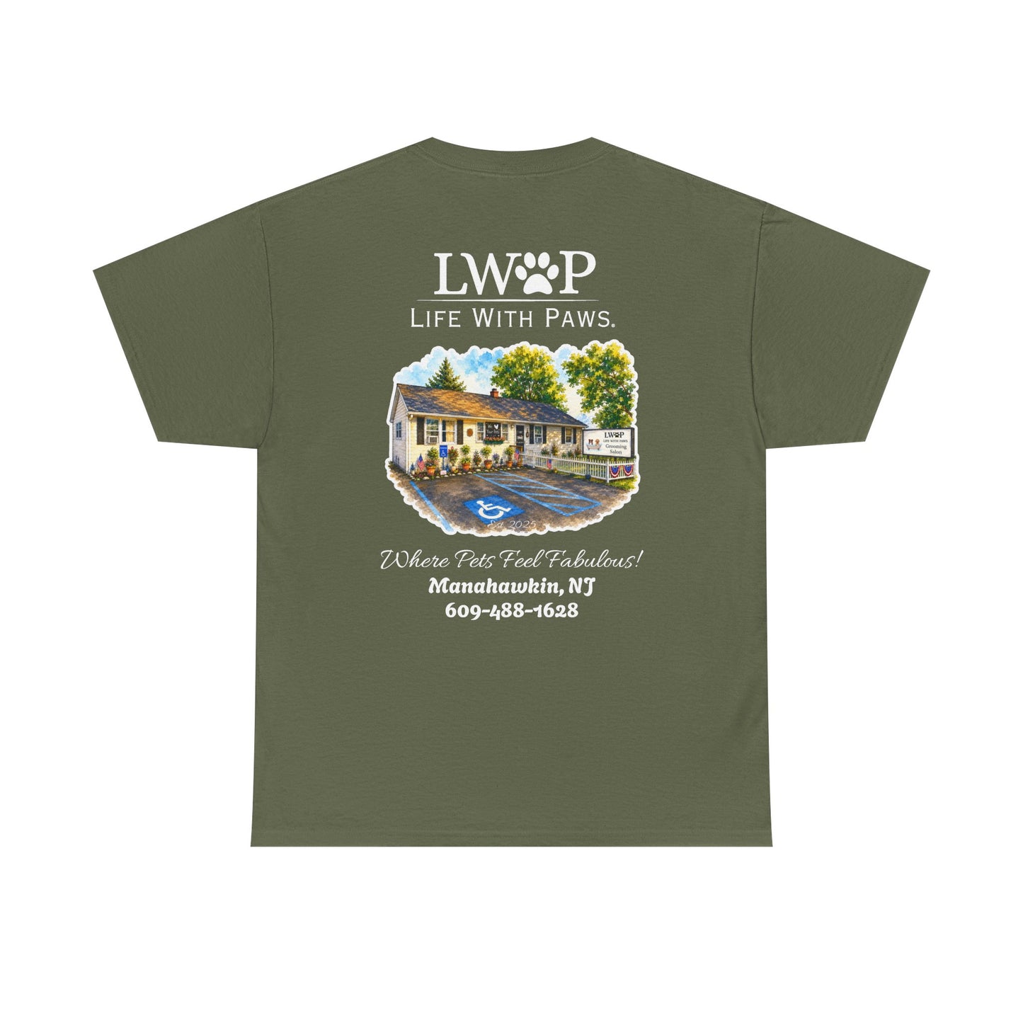 Life With Paws (LWOP) Pet Care T-Shirt — 'Life With Paws' Logo & Home Illustration
