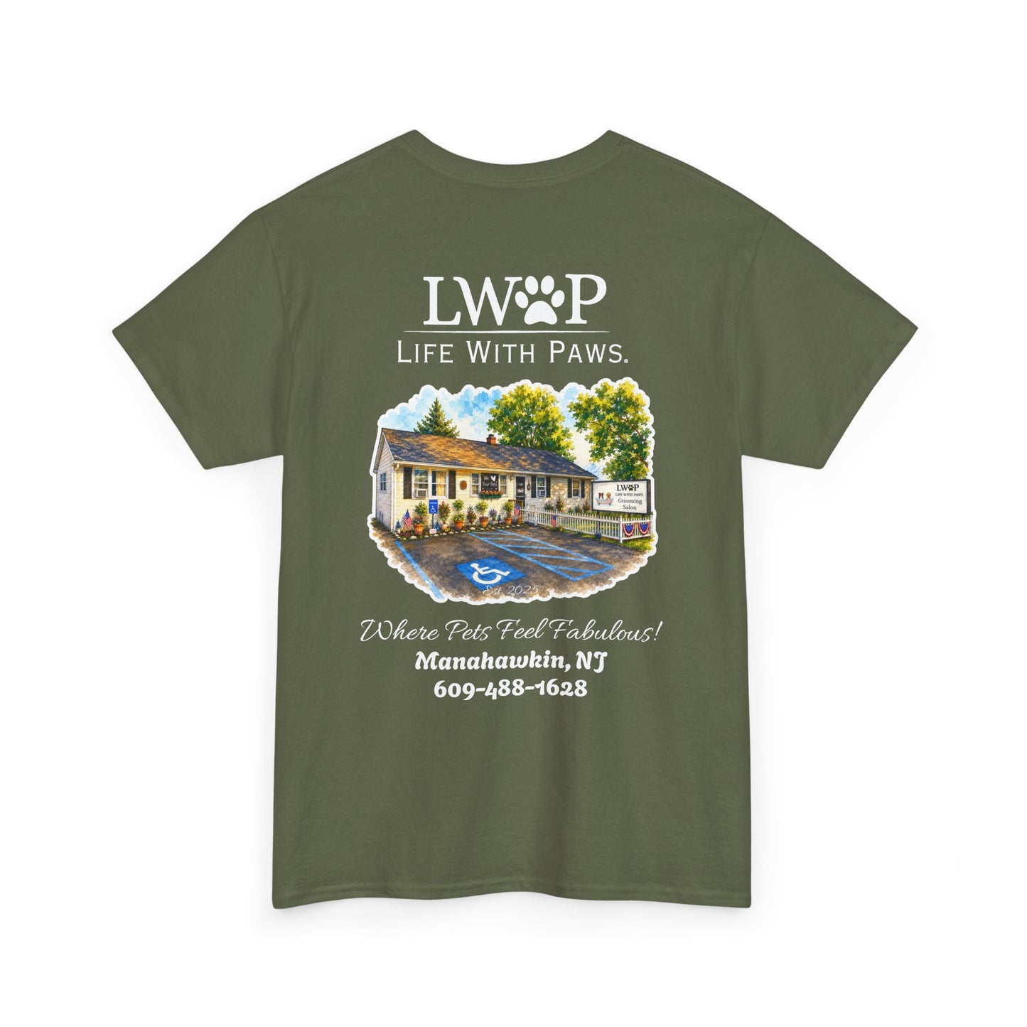 Life With Paws (LWOP) Pet Care T-Shirt — 'Life With Paws' Logo & Home Illustration