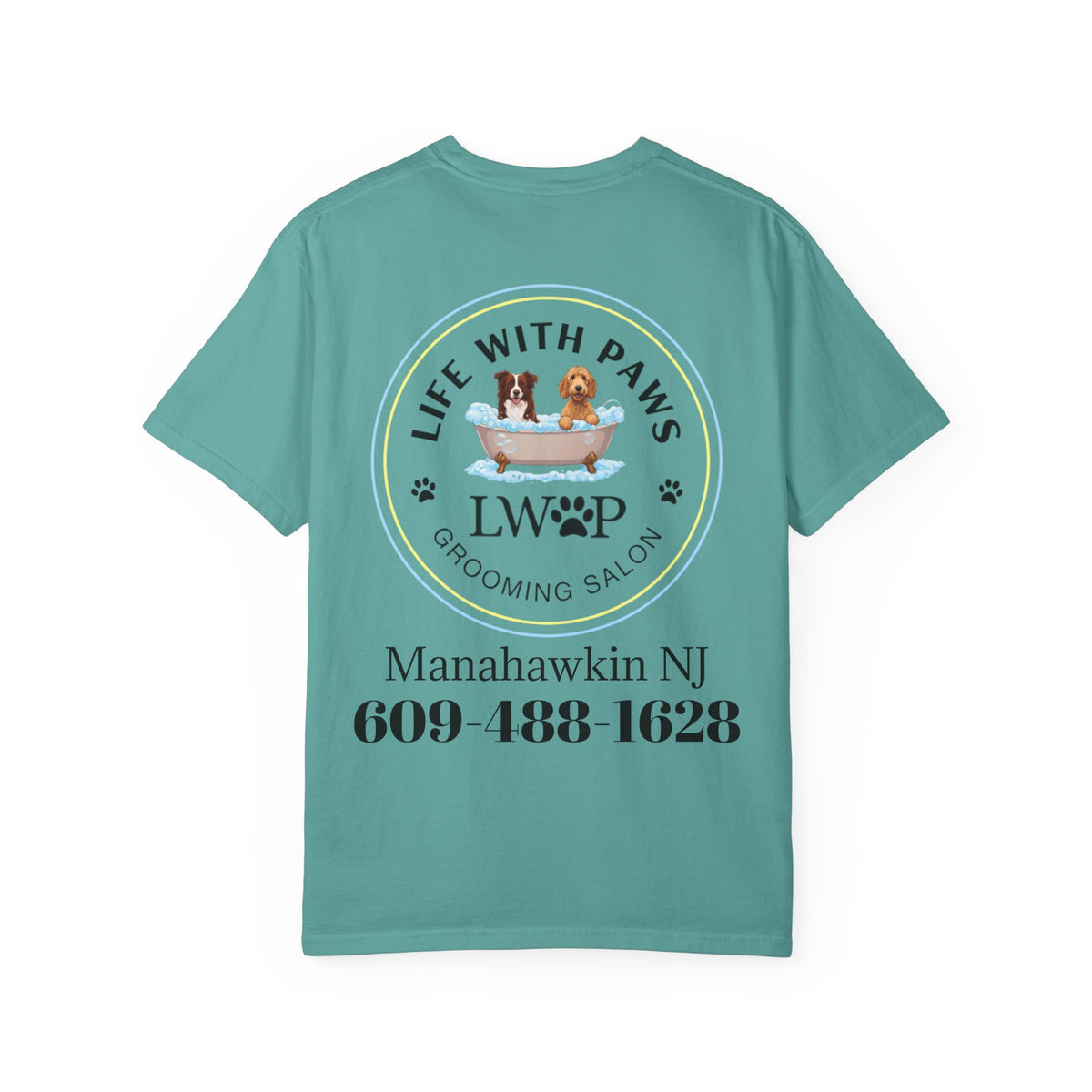 Life With Paws Grooming Salon T-Shirt — Logo Tee with Manahawkin NJ & Phone Number