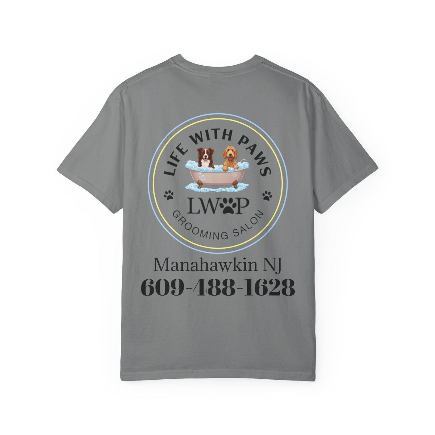 Life With Paws Grooming Salon T-Shirt — Logo Tee with Manahawkin NJ & Phone Number