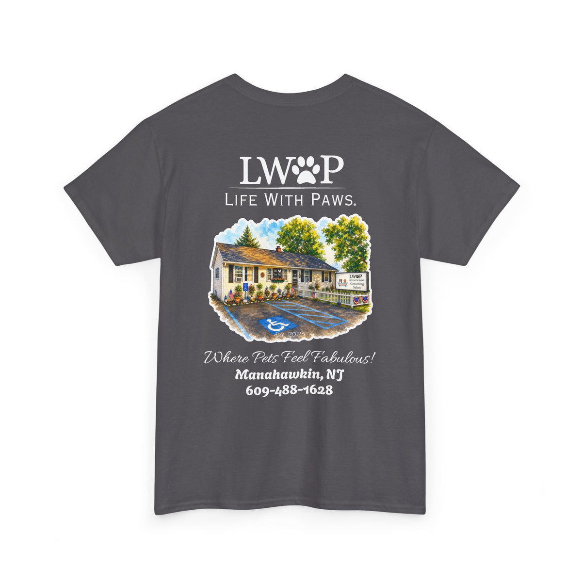 Life With Paws (LWOP) Pet Care T-Shirt — 'Life With Paws' Logo & Home Illustration