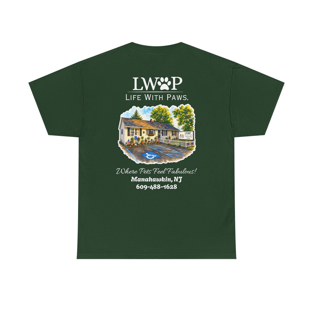 Life With Paws (LWOP) Pet Care T-Shirt — 'Life With Paws' Logo & Home Illustration