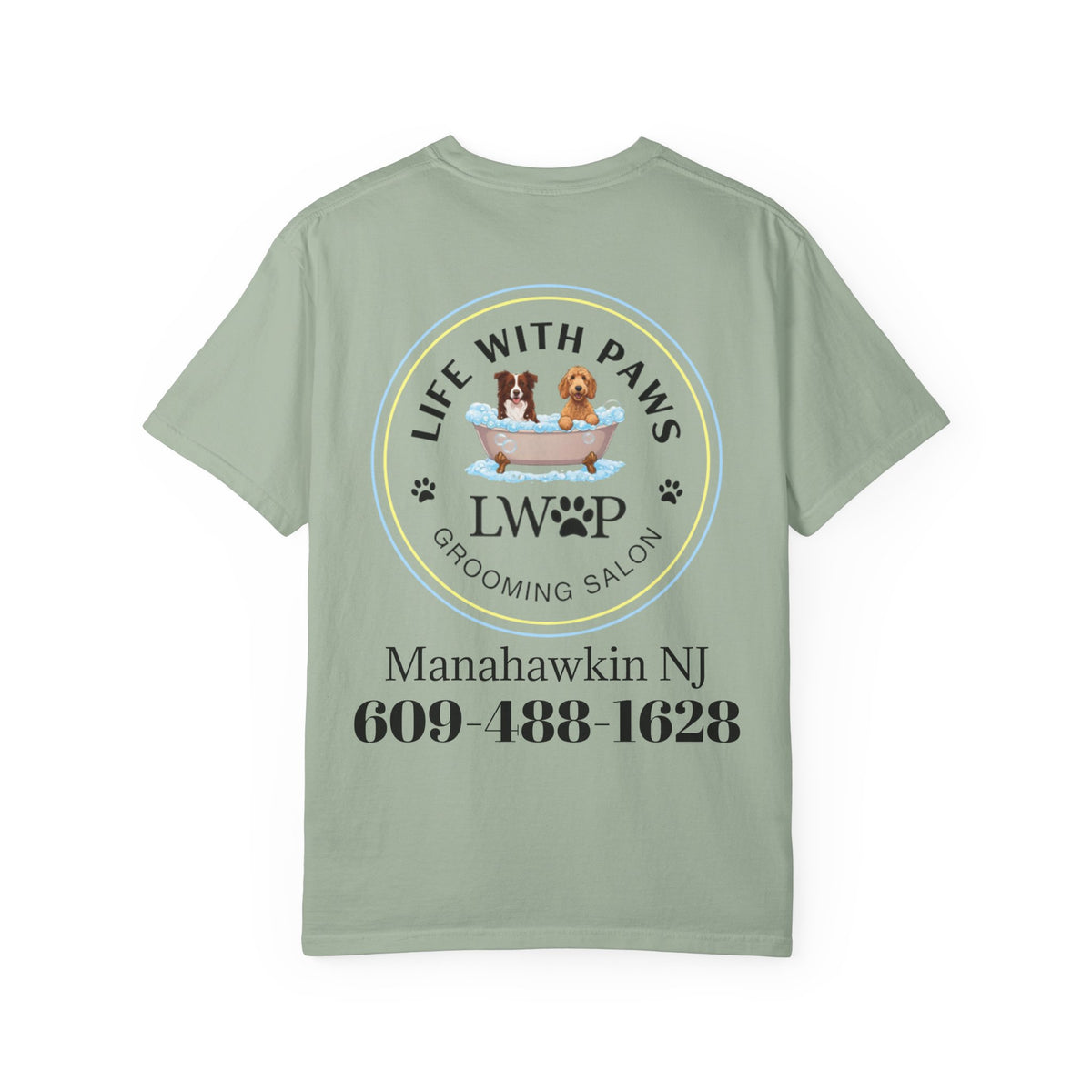 Life With Paws Grooming Salon T-Shirt — Logo Tee with Manahawkin NJ & Phone Number