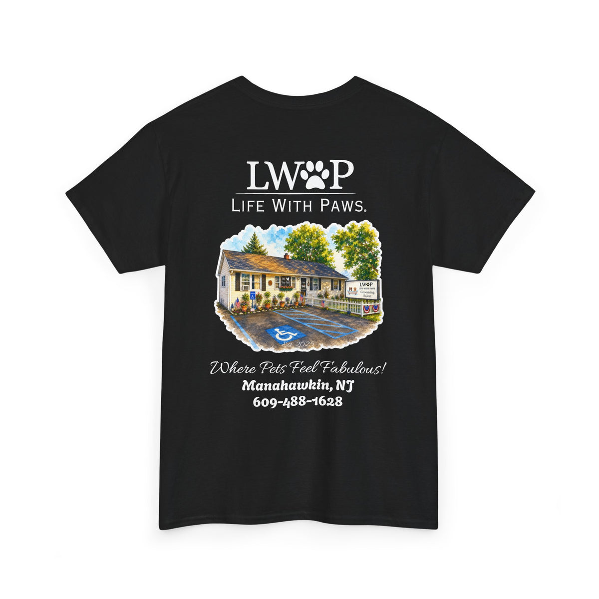 Life With Paws (LWOP) Pet Care T-Shirt — 'Life With Paws' Logo & Home Illustration