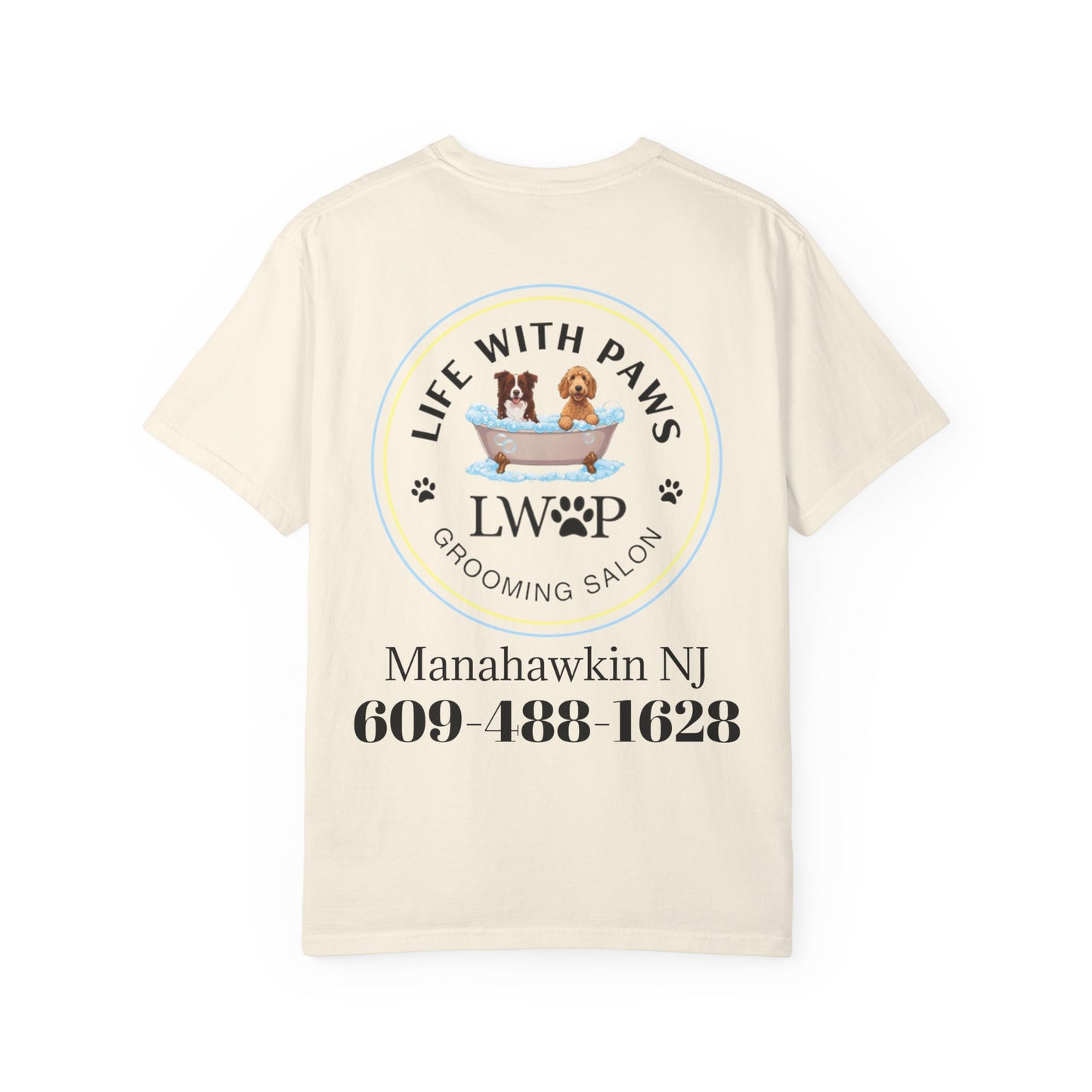 Life With Paws Grooming Salon T-Shirt — Logo Tee with Manahawkin NJ & Phone Number
