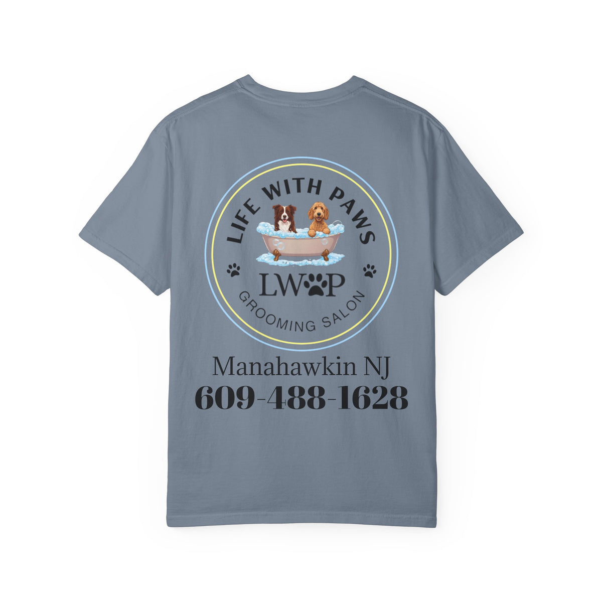 Life With Paws Grooming Salon T-Shirt — Logo Tee with Manahawkin NJ & Phone Number