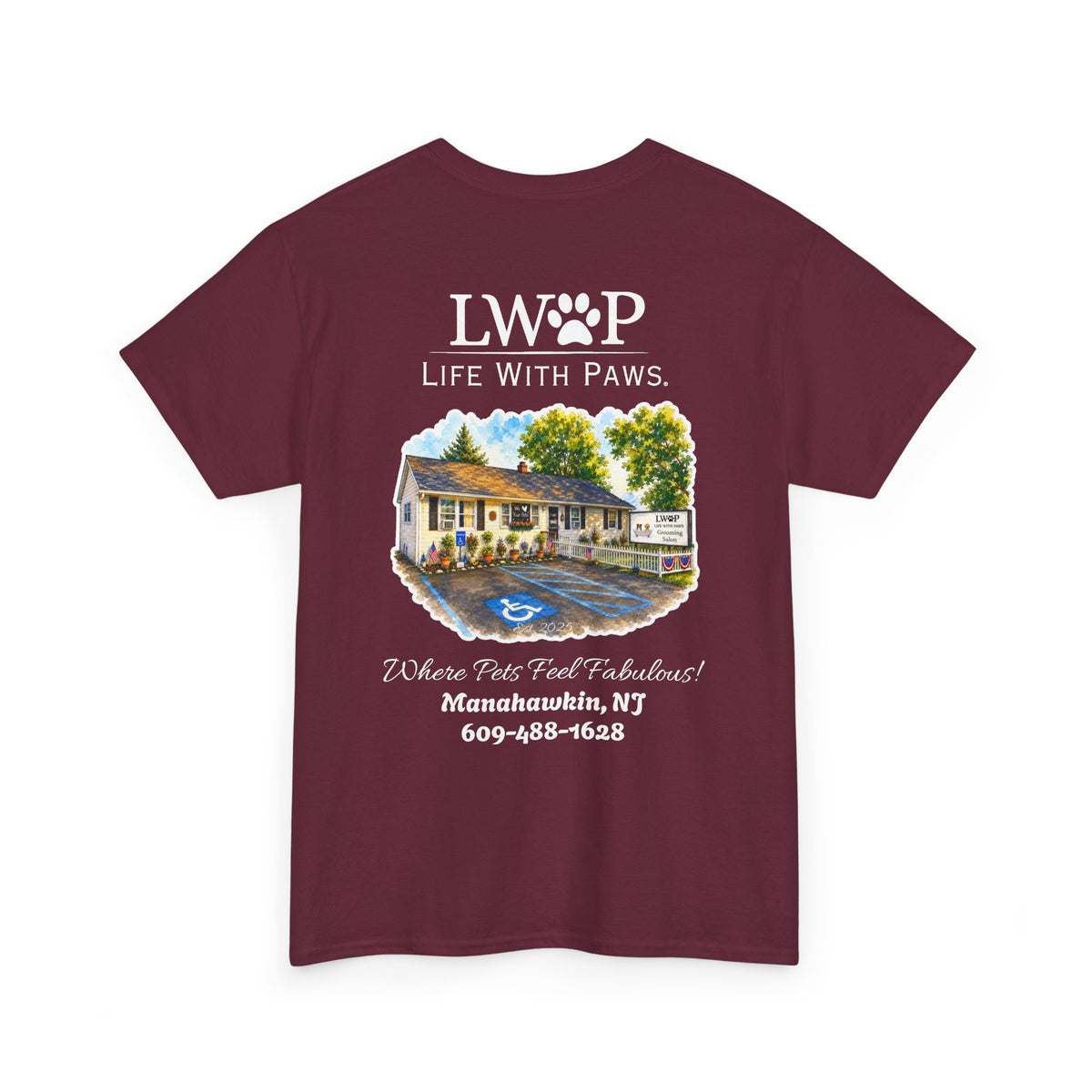 Life With Paws (LWOP) Pet Care T-Shirt — 'Life With Paws' Logo & Home Illustration