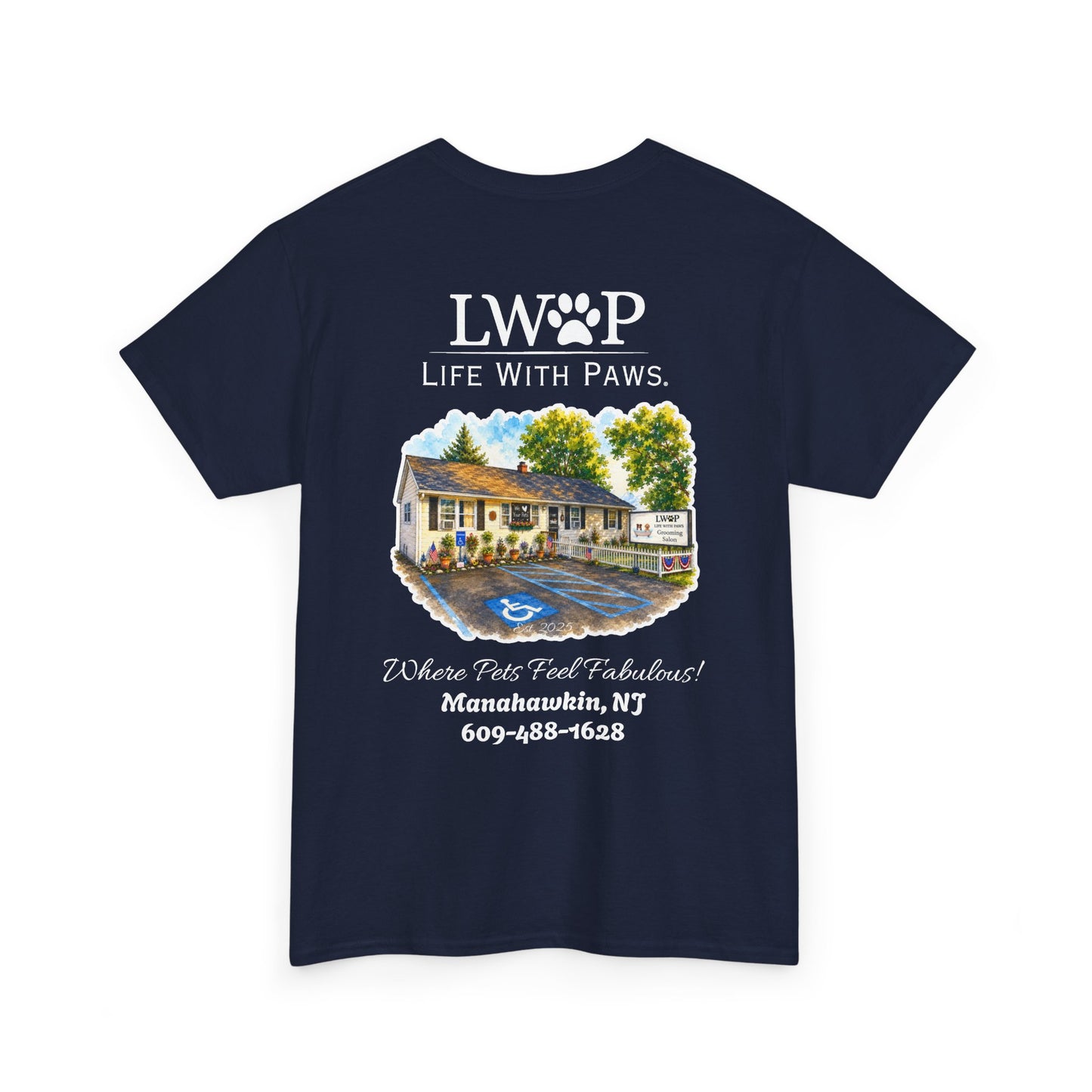 Life With Paws (LWOP) Pet Care T-Shirt — 'Life With Paws' Logo & Home Illustration